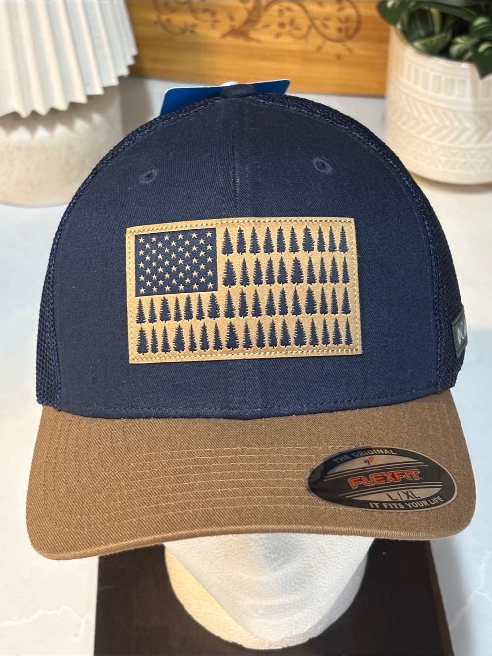 Columbia Two-Tone Flexfit Trucker Hat with Flag Patch - Navy & Brown L/XL
